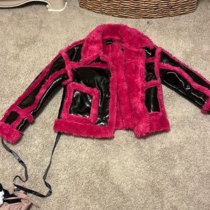BOOHOO PINK FUR AND BLACK PATENT LEATHER COAT!